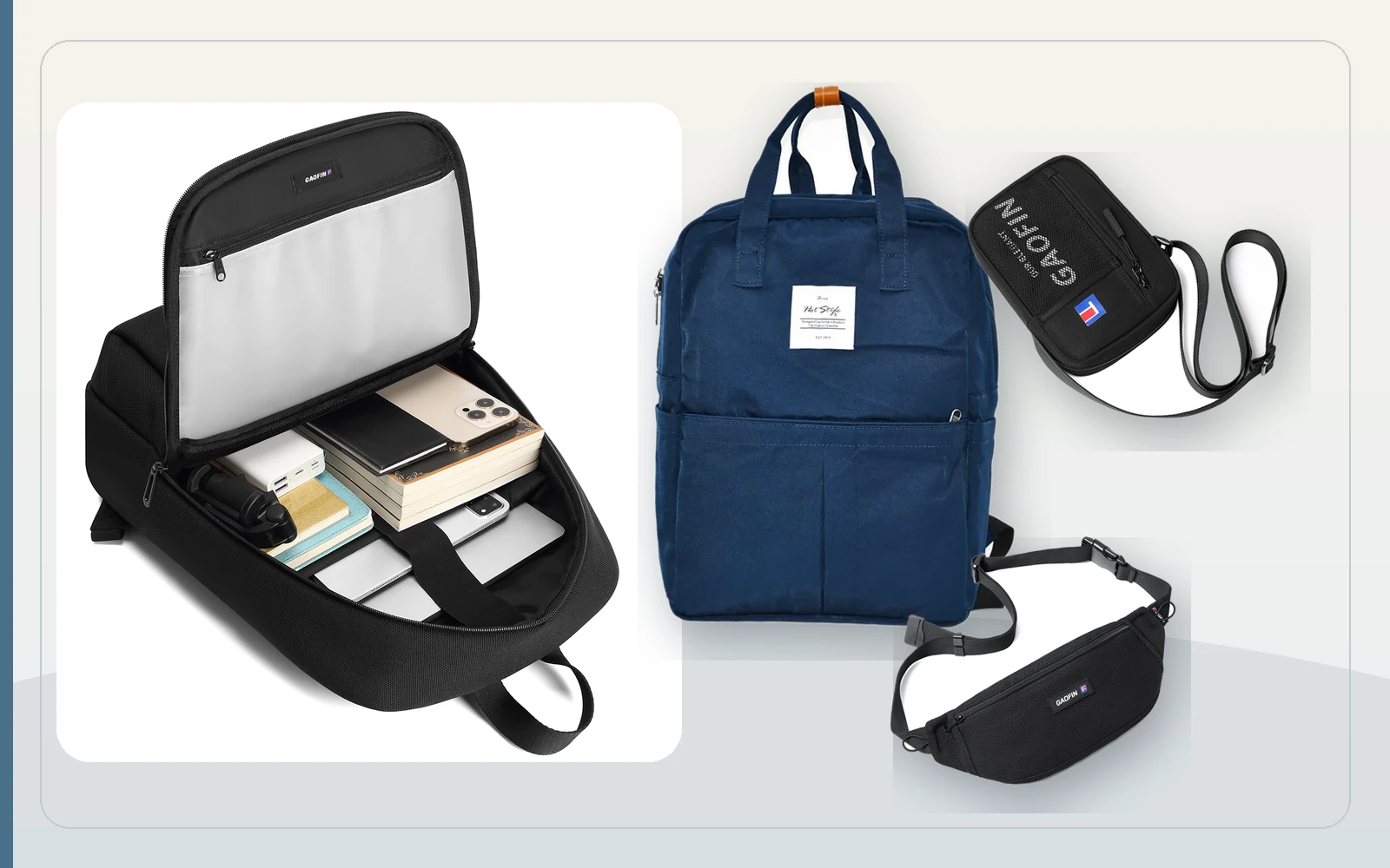 Open backpack alongside a second backpack, crossbody bag and waist bag
