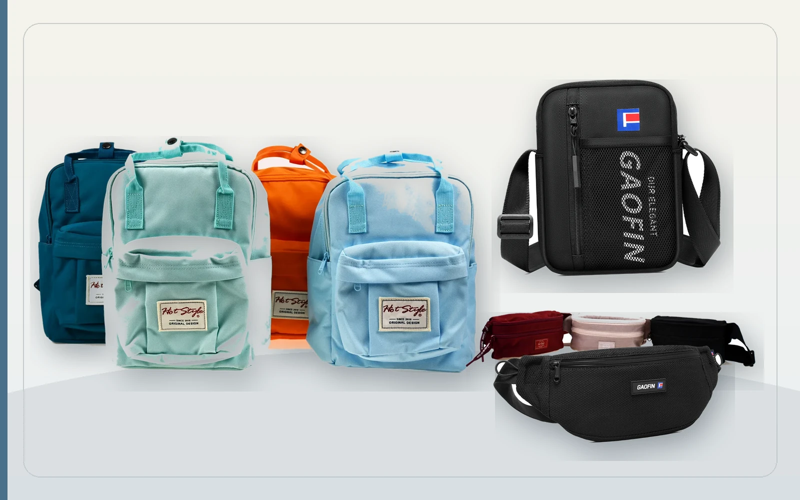 Backpacks, crossbody bags and waist bags