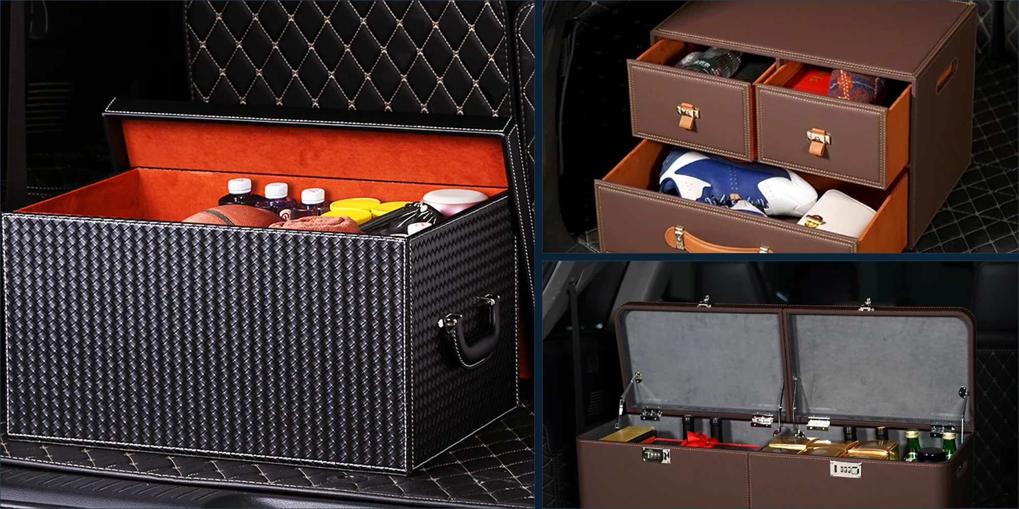 Structured storage boxes in a vehicle trunk: woven-texture box, two-drawer unit and divided-lid case