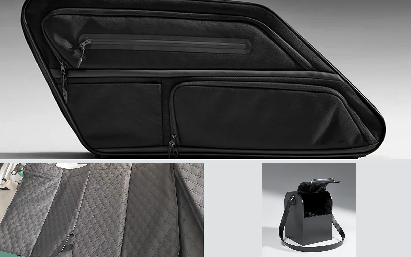 Vehicle soft goods: zippered door-panel organizer, quilted liner material and a compact carry case