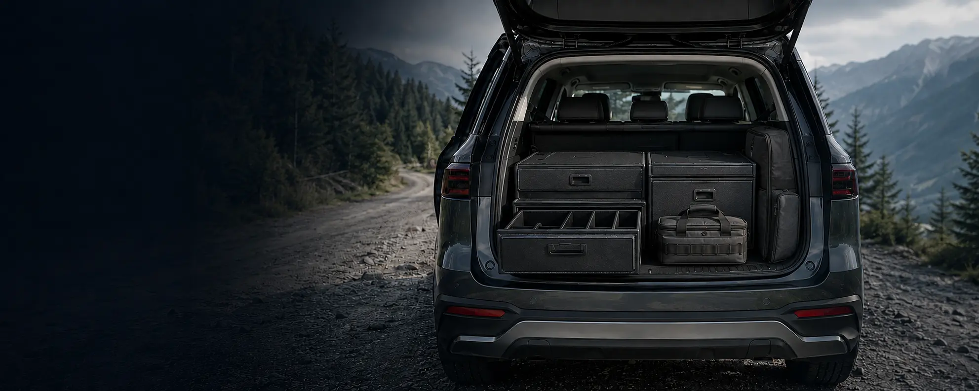 SUV cargo area fitted with a drawer-style trunk storage system