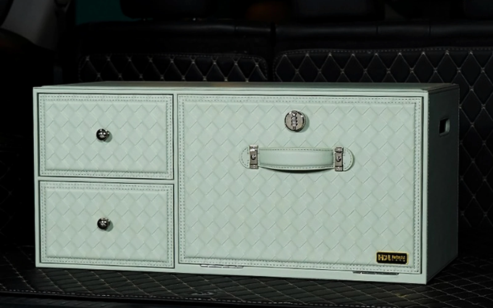 Mint structured storage cabinet with two drawers and a lockable front door