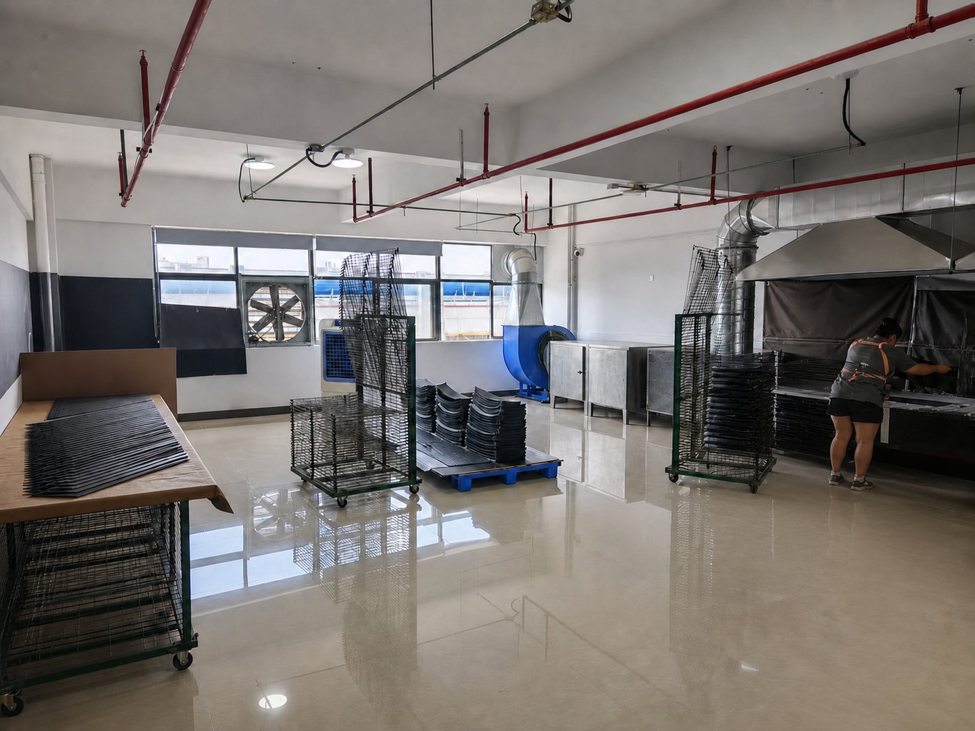 Coating and drying area at DINLEEY with panel stacks on racks and a ventilated workstation.