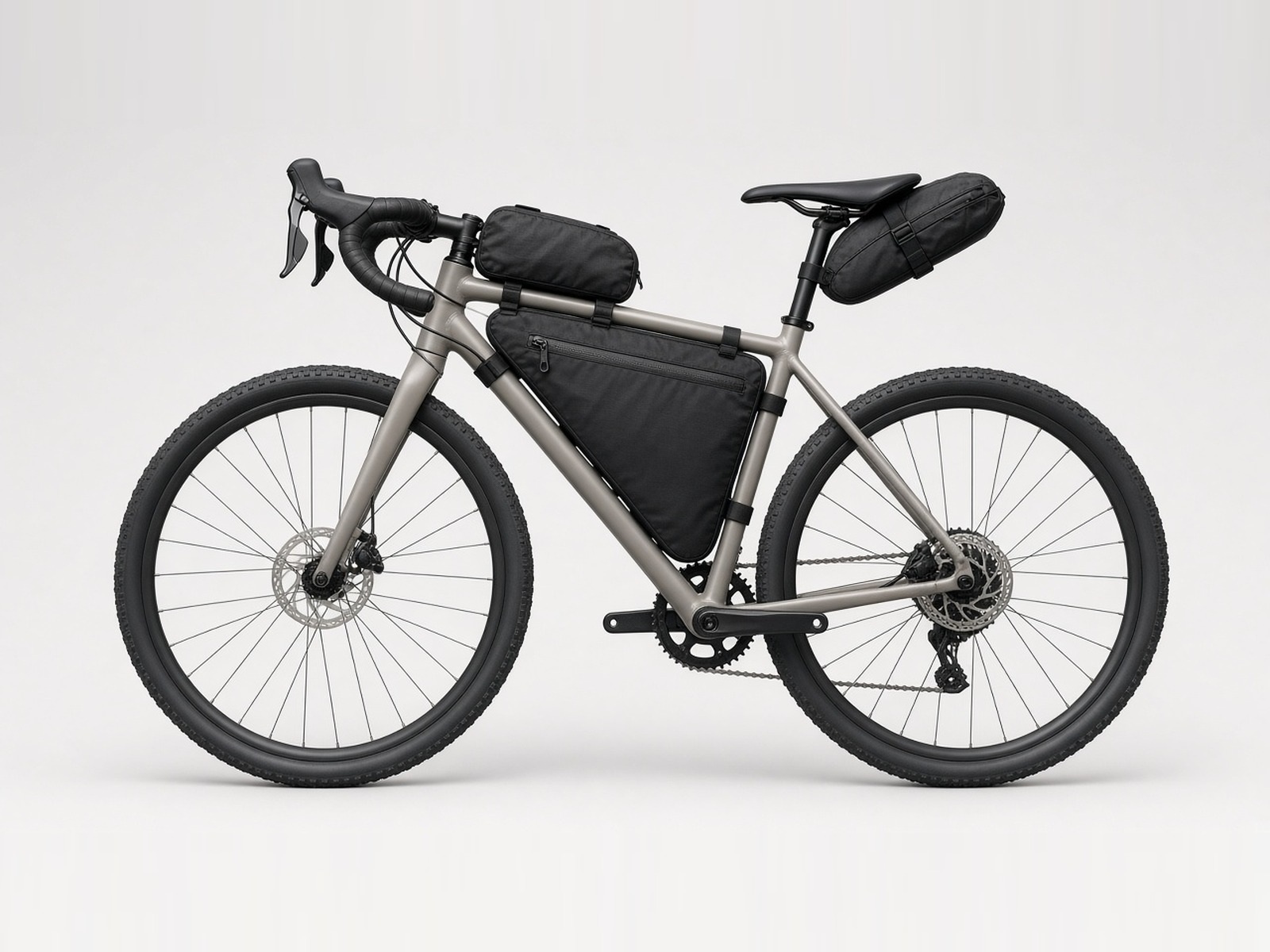 Gravel bike with a frame triangle bag, top-tube bag and saddle bag