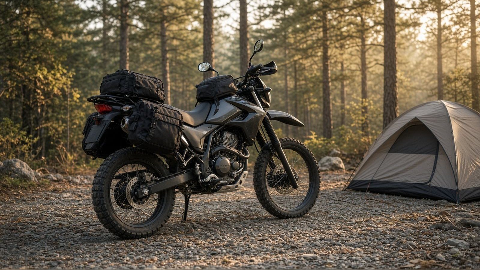 Adventure motorcycle with a soft tail bag, side bags and tank bag next to a tent